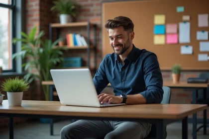 Homme confiant travaillant sur son ordinateur dans un bureau moderne