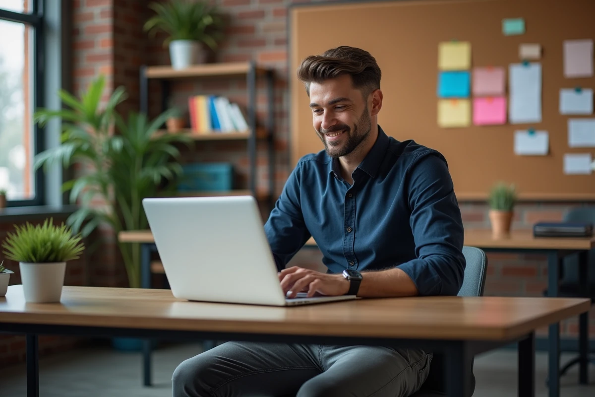 Homme confiant travaillant sur son ordinateur dans un bureau moderne