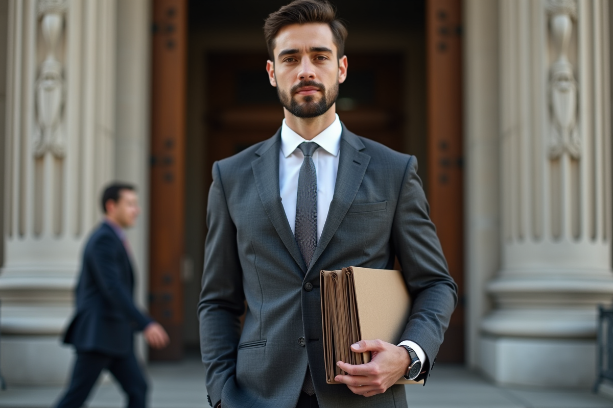 Jeune homme en costume devant un tribunal avec dossiers