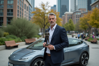 Homme d'âge moyen avec voiture électrique et miniature Tesla