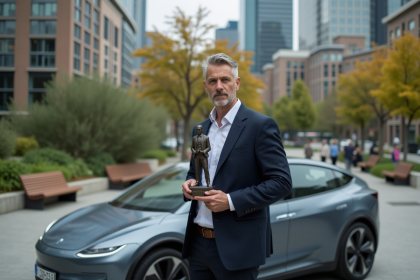 Homme d'&acirc;ge moyen avec voiture &eacute;lectrique et miniature Tesla