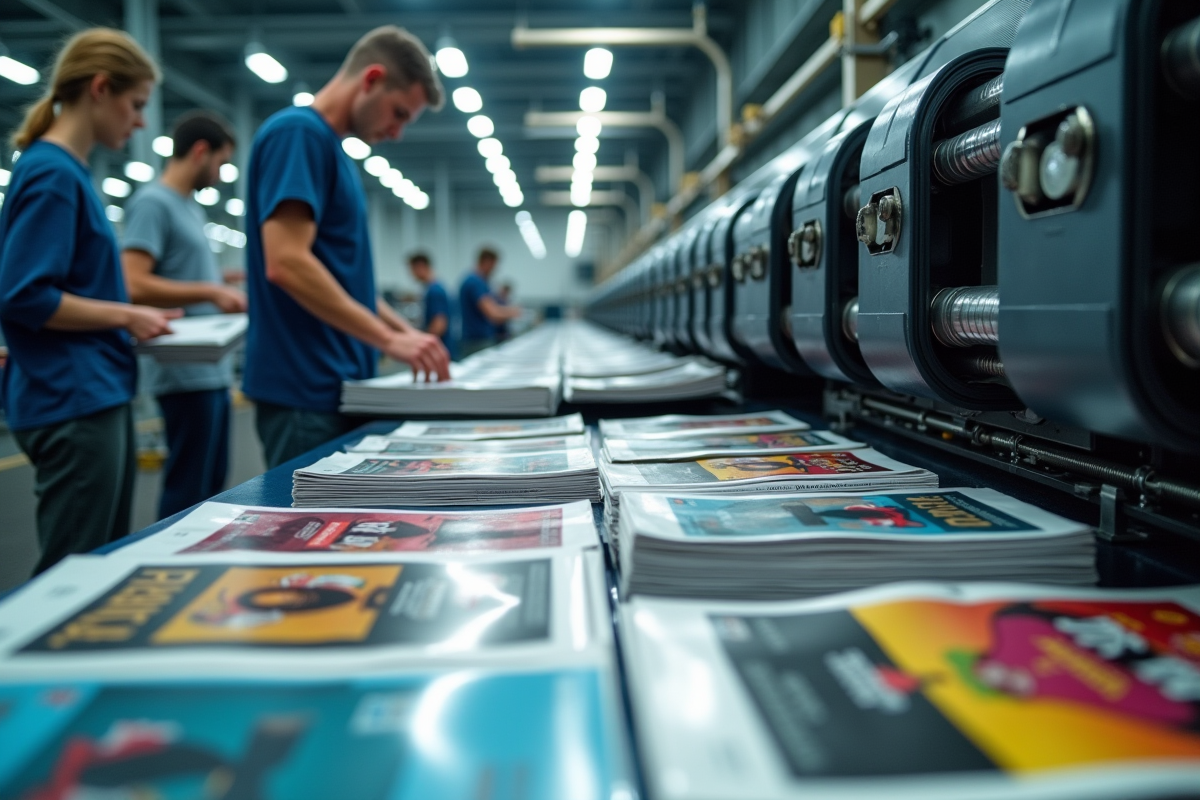 Impression en cours avec presses et magazines colorés