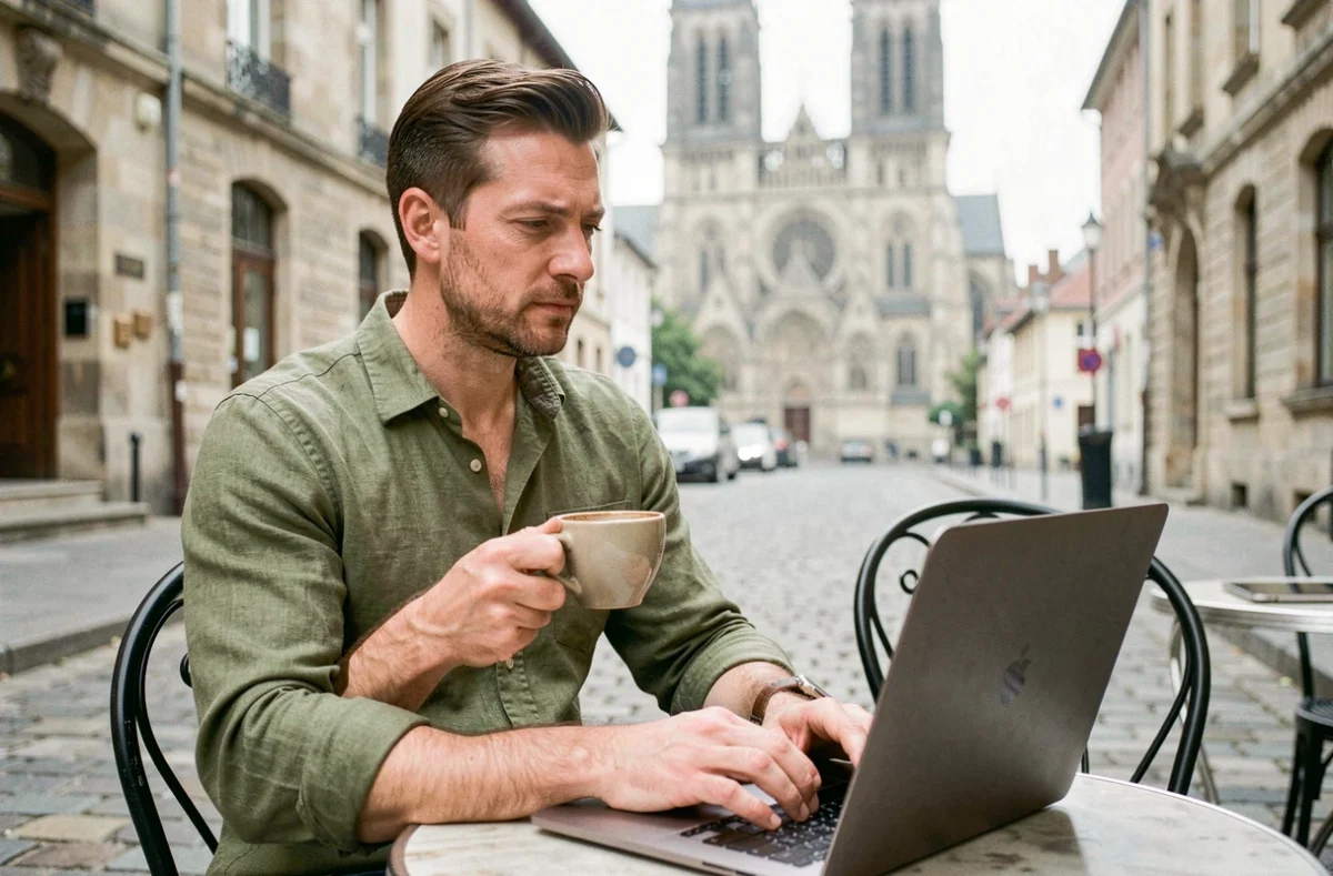 Travailleur indépendant en portage salarial travaillant depuis une terrasse de café en plein air à Metz avec la cathédrale en arrière-plan