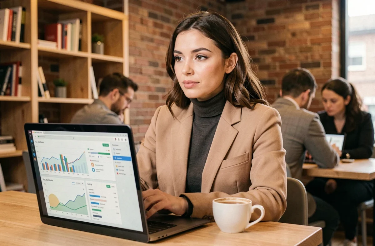 Travailleuse indépendante analysant les tarifs d'une société de portage salarial sur son ordinateur en espace de coworking