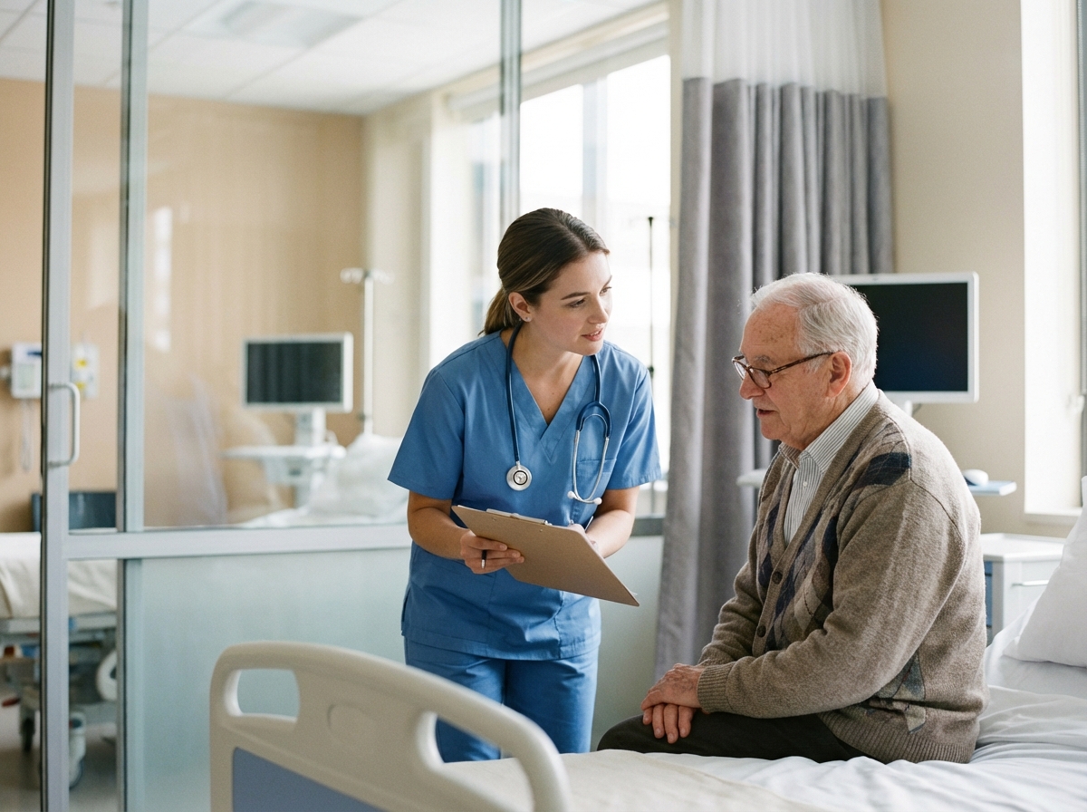 Infirmière soignante expliquant un médicament à un patient âgé