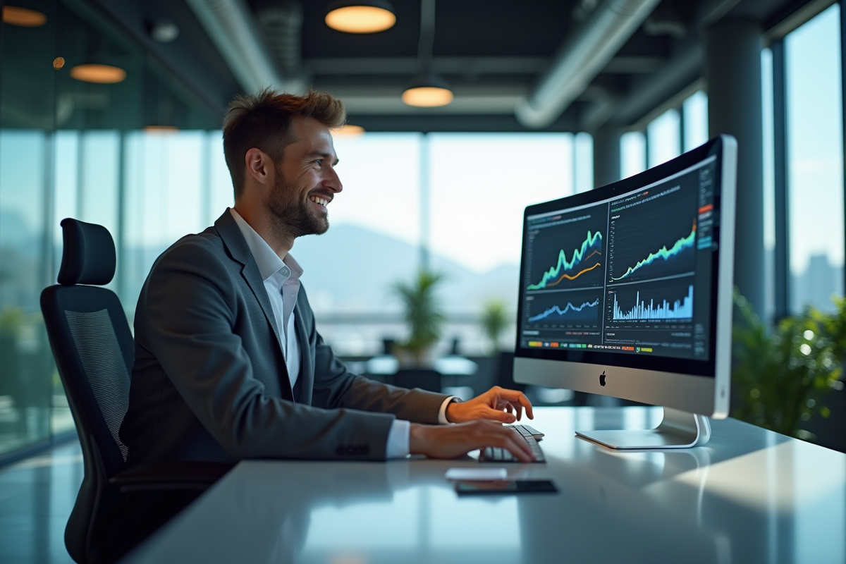 Ingénieur logiciel souriant travaillant sur un ordinateur Apple dans un bureau lumineux