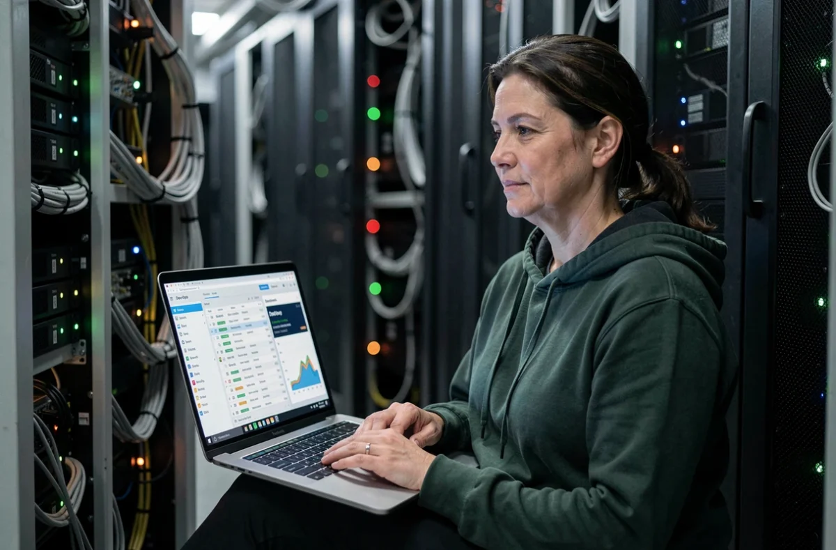 Ingénieure DevOps surveillant les logs de connexion BI en temps réel dans une salle serveurs lors d'un déploiement sans rupture de service