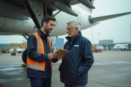 Inspecteur a&eacute;ronautique examine un Airbus A330 us&eacute; sur tarmac