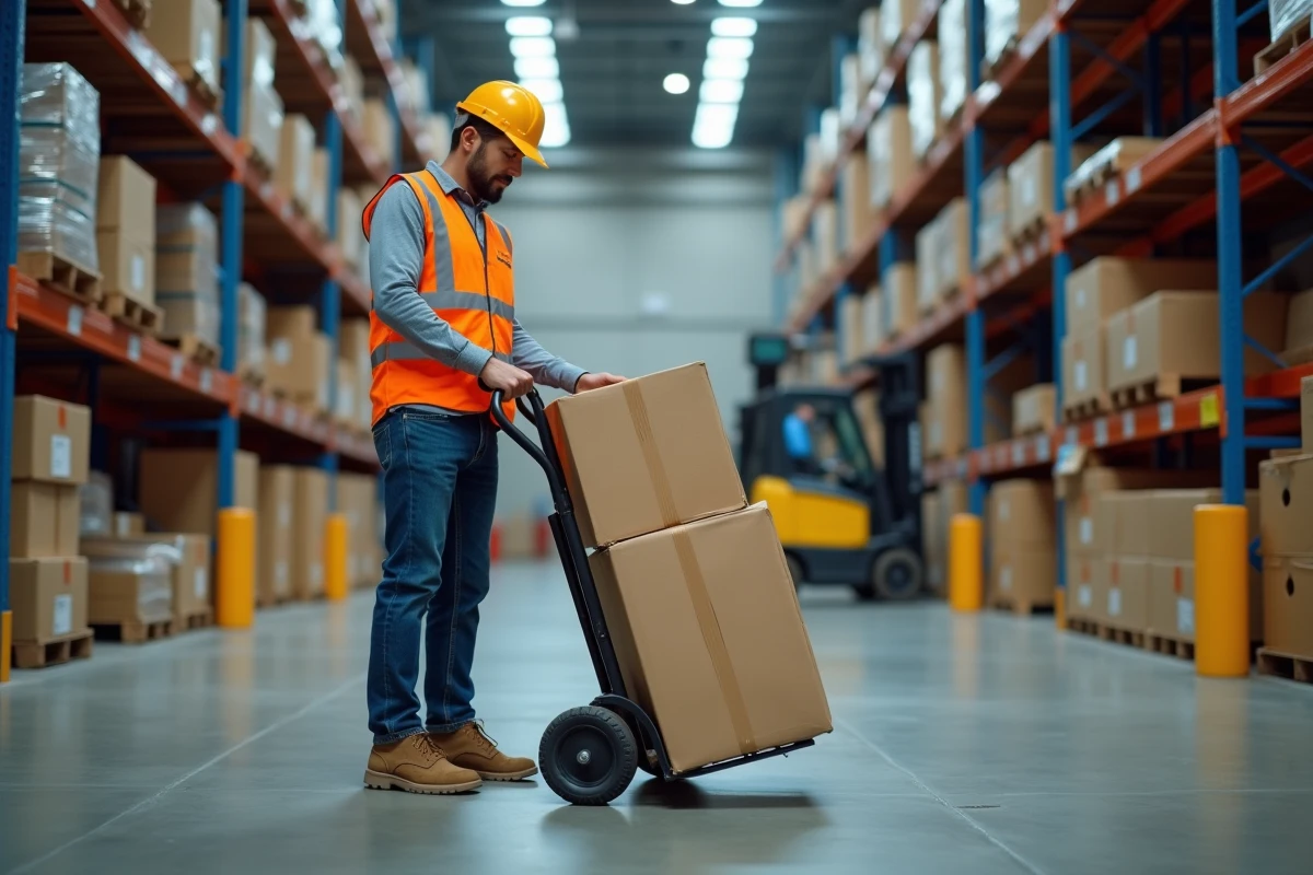 Employé logistique inspectant un colis avant expédition dans un entrepôt de transport professionnel