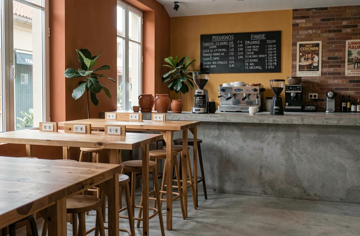 Intérieur vide d'un coworking café à Perpignan le matin avec plans de travail en bois et bar à espresso artisanal