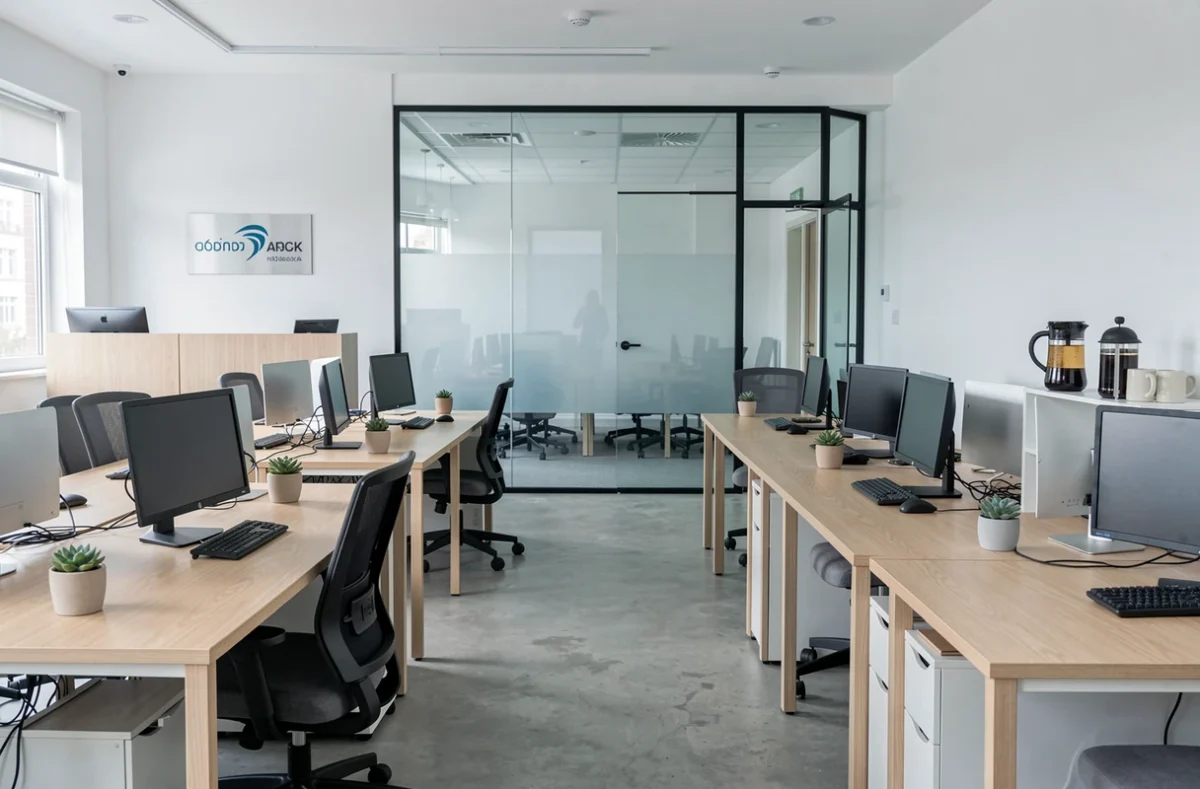 Vue intérieure d'un espace de coworking vide et moderne au Mans avec bureaux ergonomiques et salle de réunion vitrée