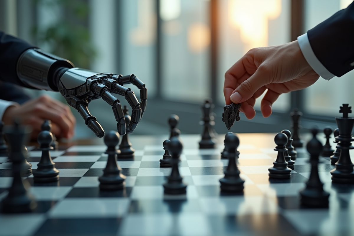 Partie d échecs entre robot et humain dans un environnement futuriste