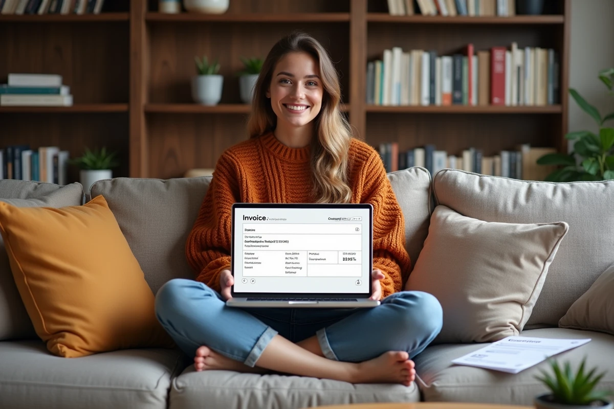 Jeune auto-entrepreneuse créant une facture simplifiée sur ordinateur portable depuis son canapé pour sa micro-entreprise