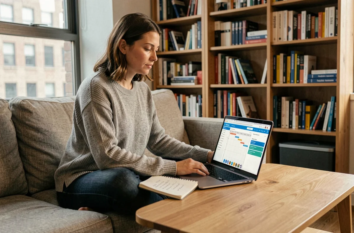 Jeune consultante freelance gérant sa stratégie SEO et ses liens entrants depuis son appartement en ville