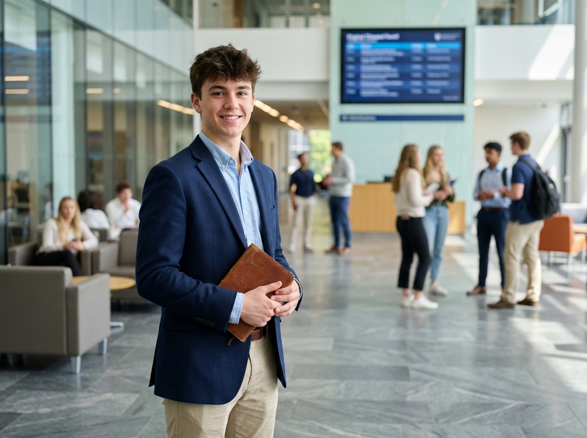 Jeune étudiant confiant dans un hall moderne d'école de commerce