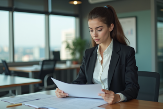 Jeune femme d'affaires concentrée devant ses contrats