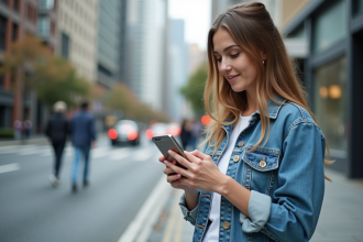 Jeune femme comparant deux applications de covoiturage dans la ville