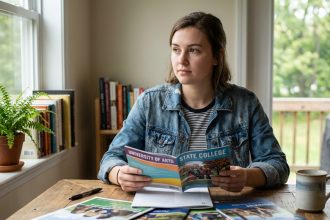 Jeune femme en denim compare brochures de college