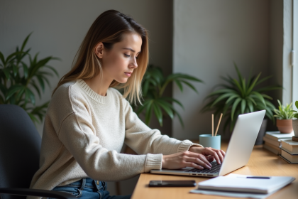 Jeune femme professionnelle travaillant sur son ordinateur dans un bureau moderne