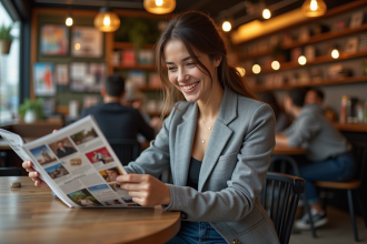 Jeune femme lisant un magazine dans un café urbain