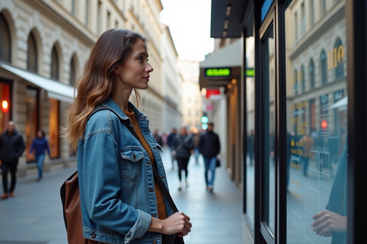 Jeune femme examine publicité sur écran en ville