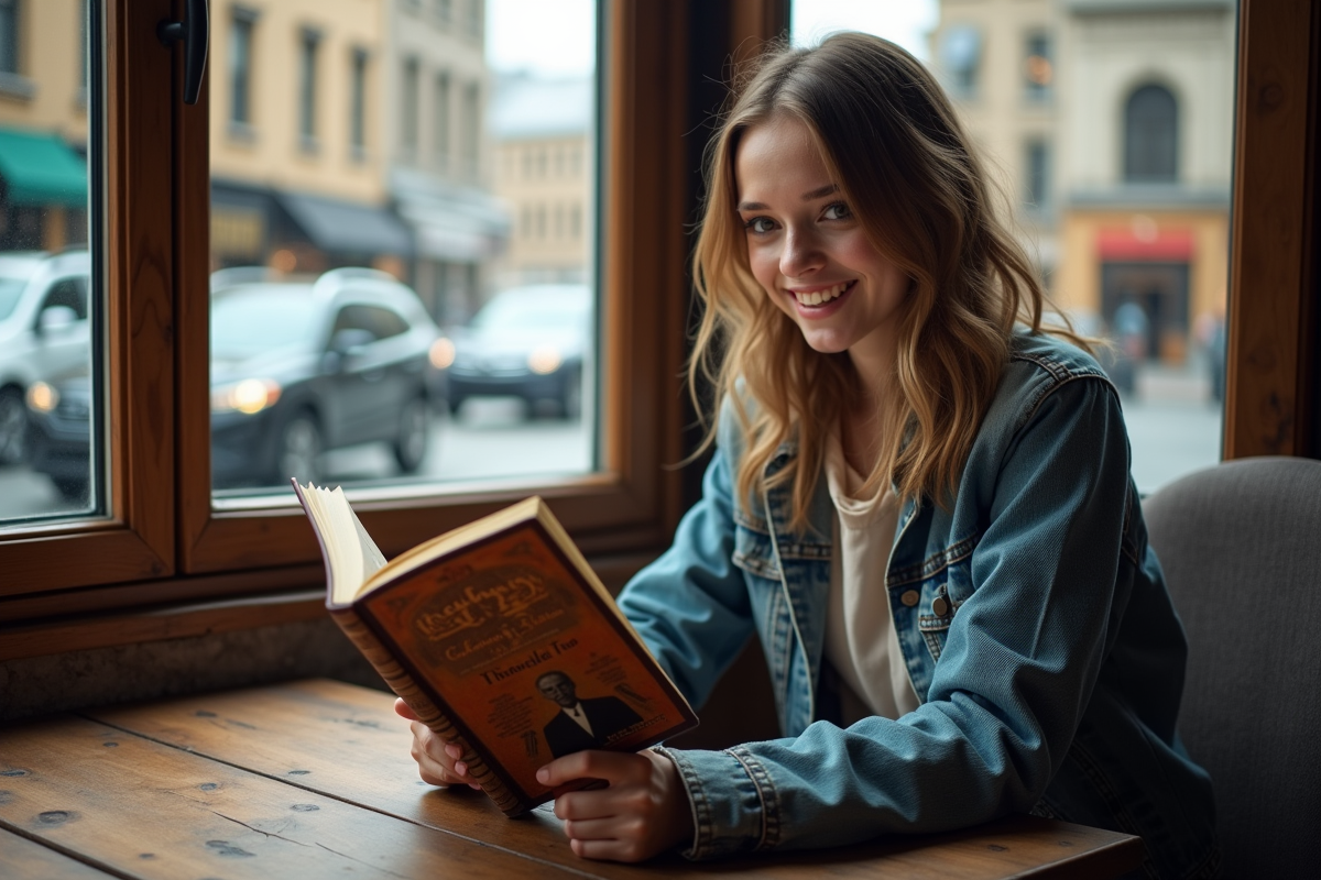 Jeune femme lisant une biographie de Nikola Tesla