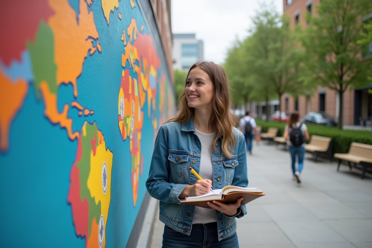 Jeune femme prenant des notes devant un mural des SDG en plein air