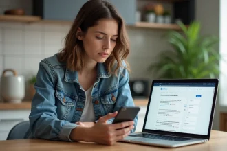 Jeune femme en denim vérifiant un site web de feedback