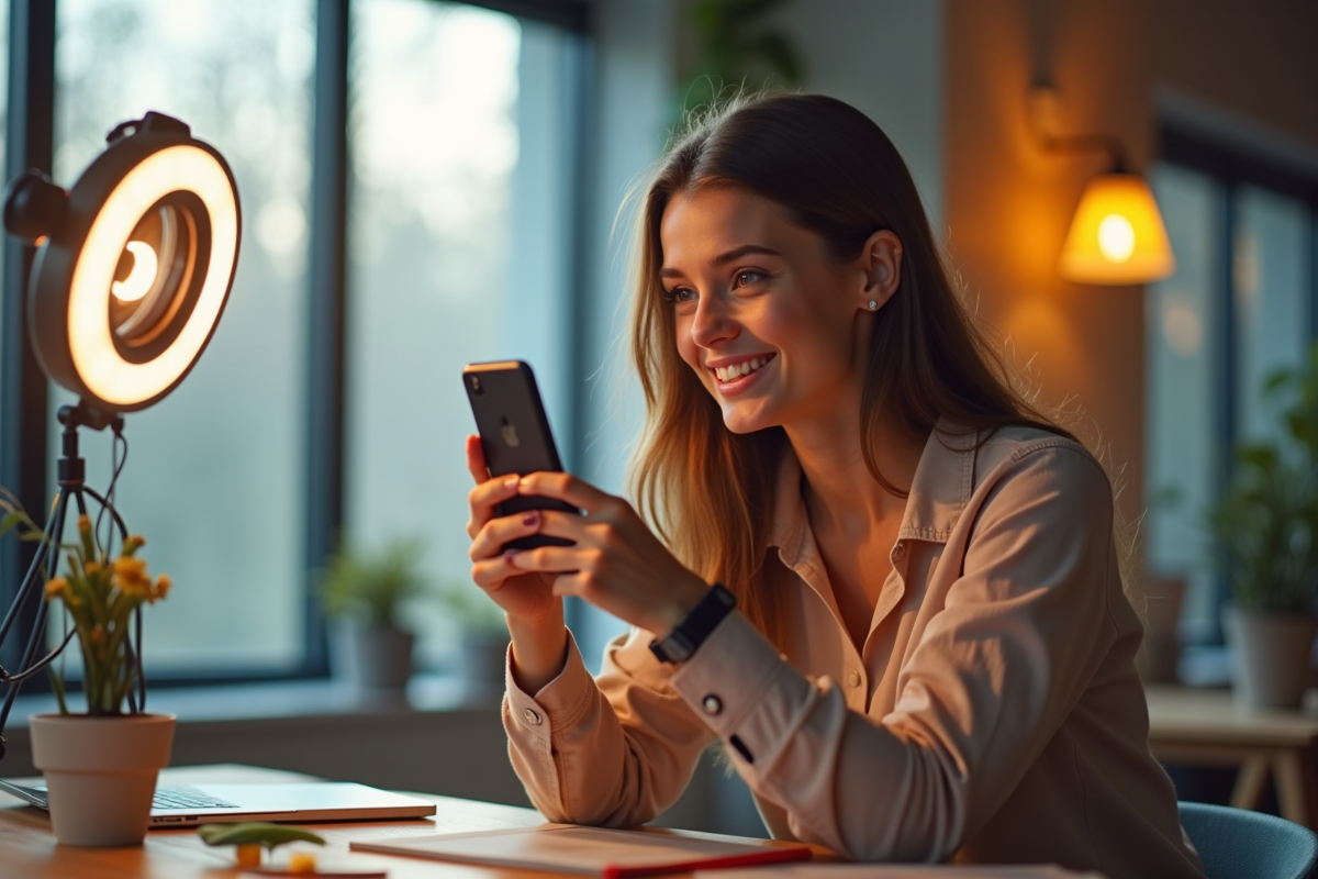 Jeune femme enregistrement vidéo avec smartphone et éclairage