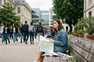 Jeune fille en denim et baskets étudie une carte de France