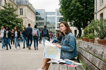 Jeune fille en denim et baskets &eacute;tudie une carte de France