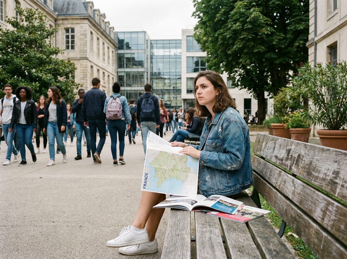 Jeune fille en denim et baskets étudie une carte de France