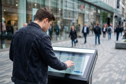 Jeune homme regardant un kiosque digital en ville