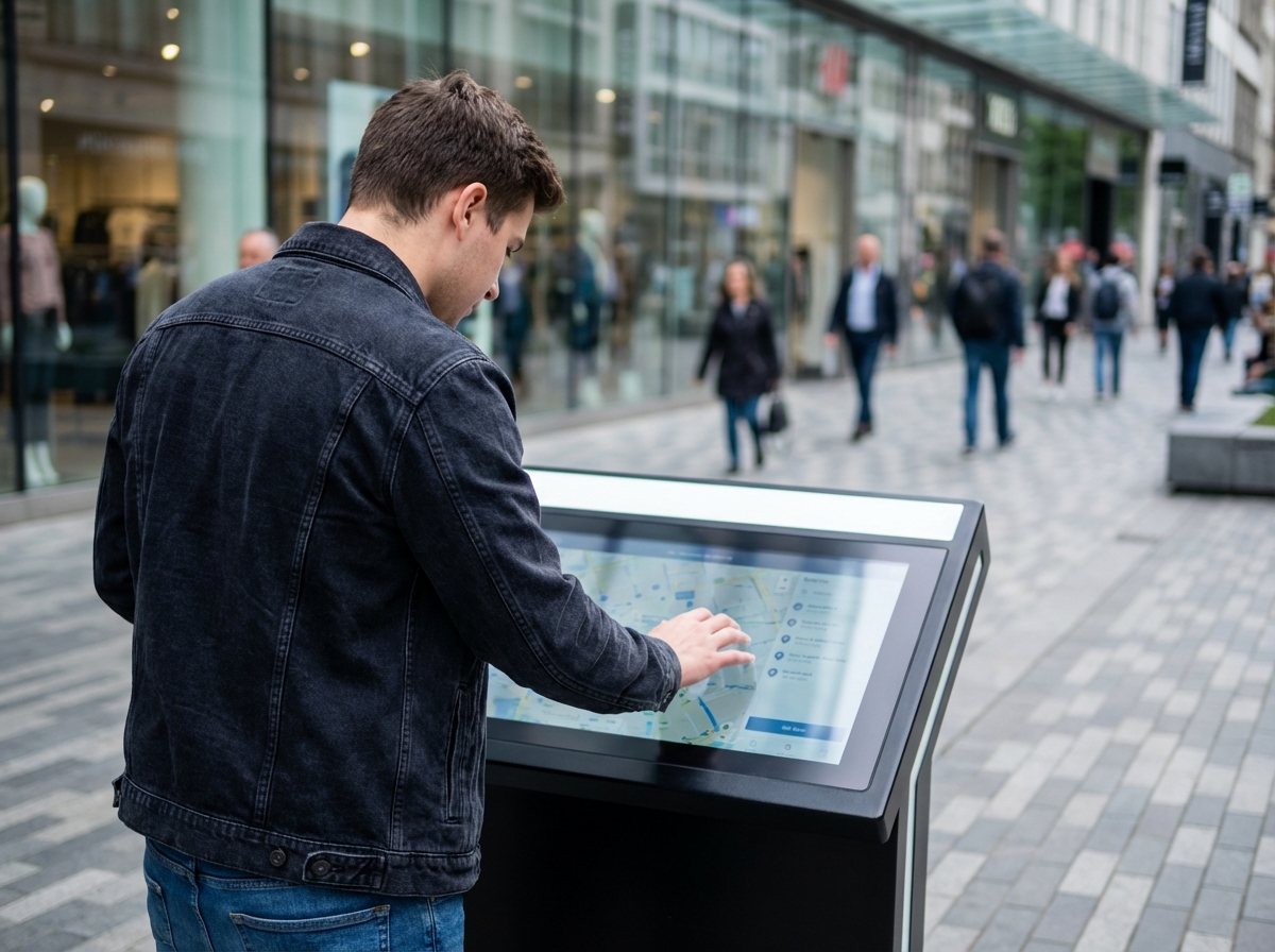 Jeune homme regardant un kiosque digital en ville