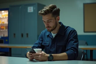 Jeune homme en uniforme de travail regardant son téléphone