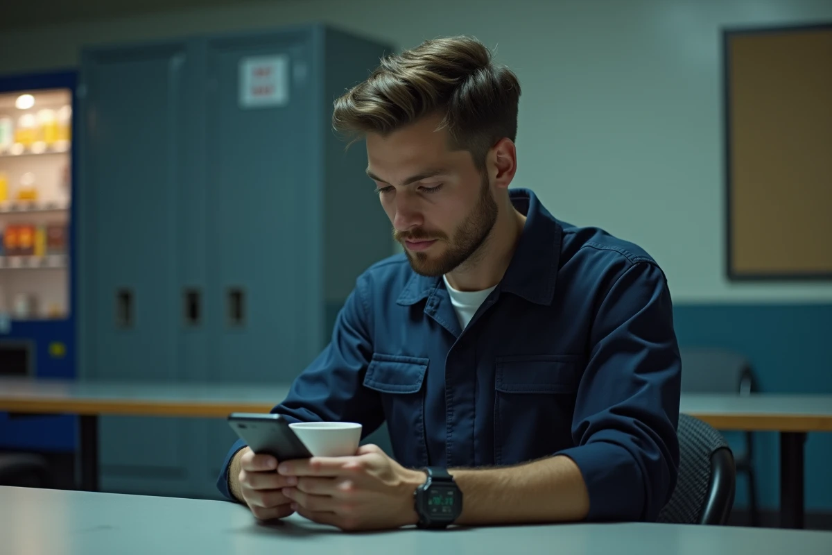 Jeune homme en uniforme de travail regardant son téléphone