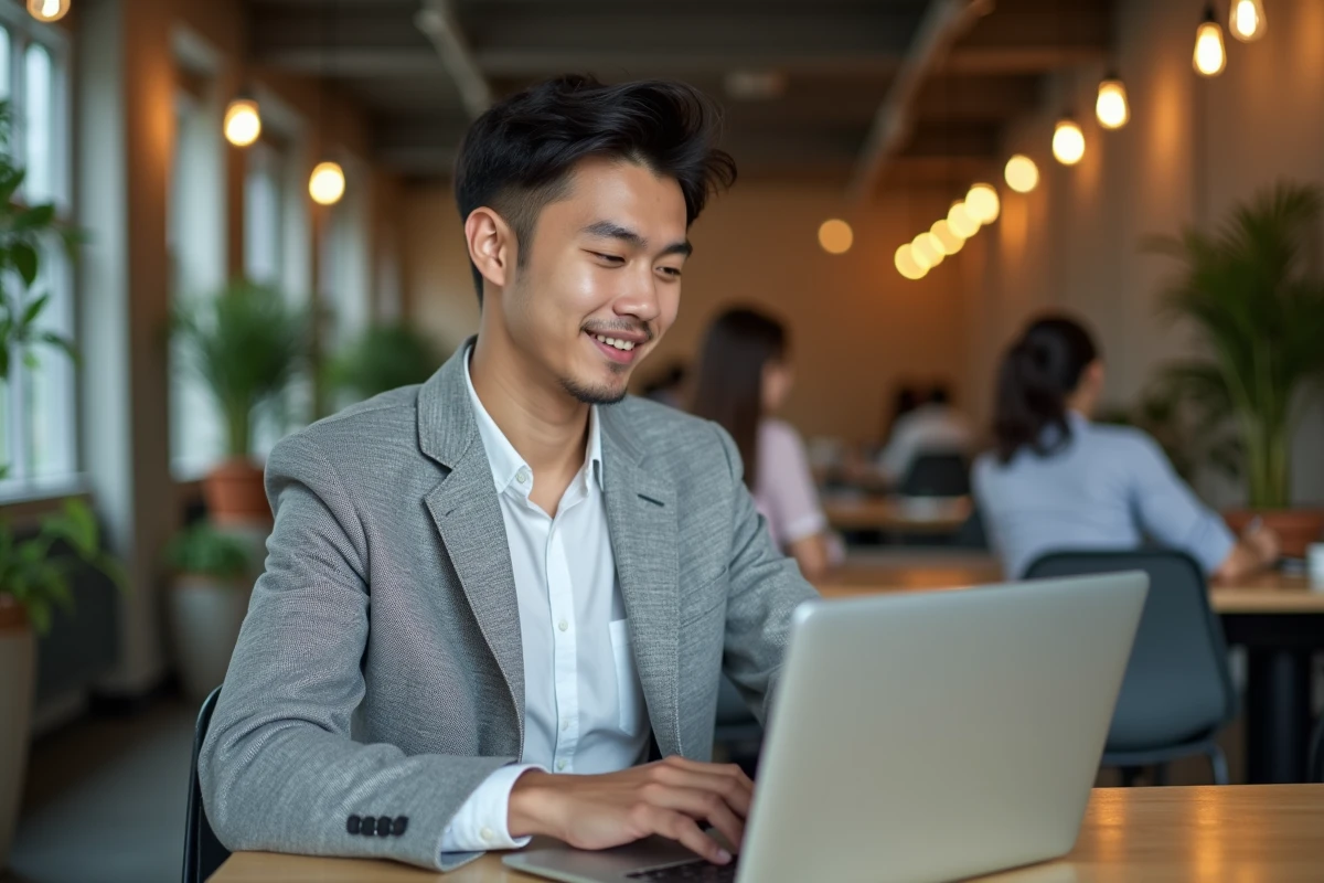 Jeune professionnel du droit consultant des offres d'emploi notarial sur un ordinateur portable dans un espace de coworking contemporain