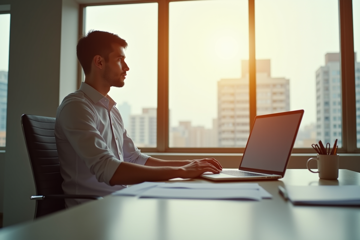 Jeune professionnel pensif dans un bureau lumineux