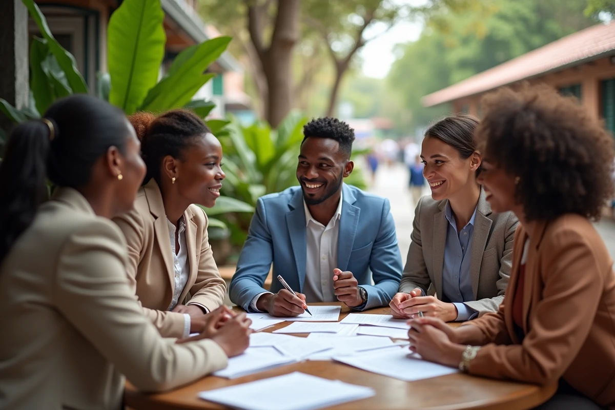 Jeunes entrepreneurs discutant en ext&eacute;rieur &agrave; Mayotte