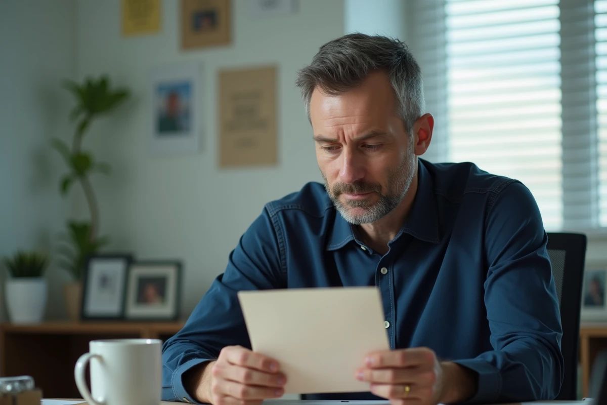 Homme lisant une carte de départ manuscrite à son bureau avec une expression émue et nostalgique