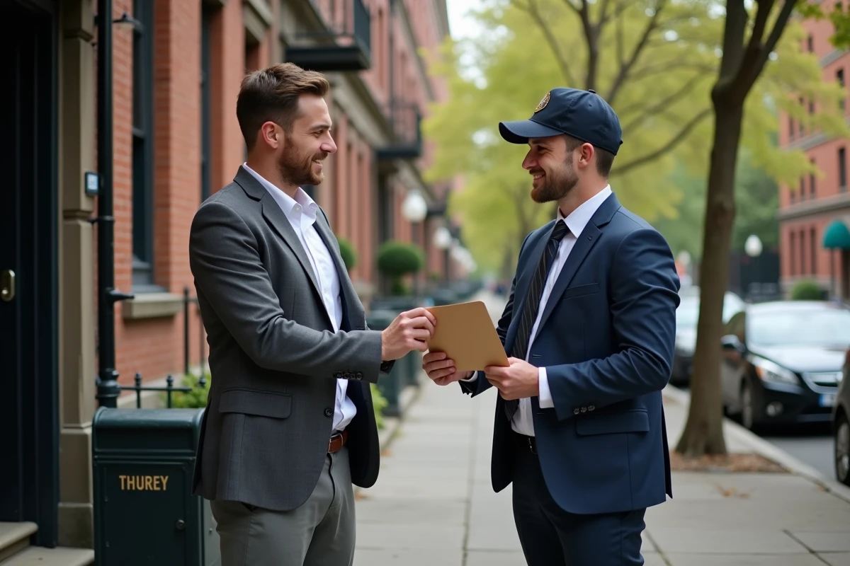 Jeune homme remet une enveloppe à un facteur devant un immeuble