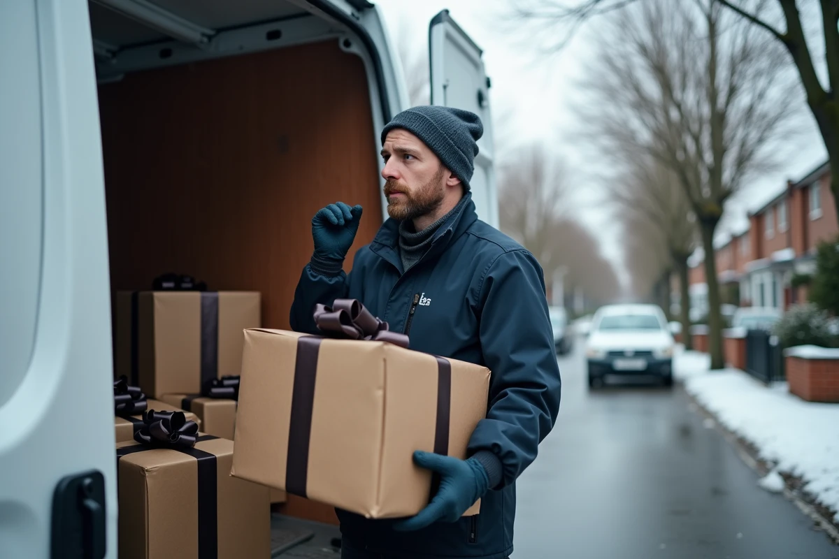 Livreur chargeant des boîtes cadeaux emballées dans un camion de livraison express avant Noël