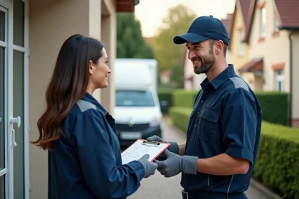 Livreur professionnel remettant un bon de livraison à signer à une cliente à sa porte d'entrée