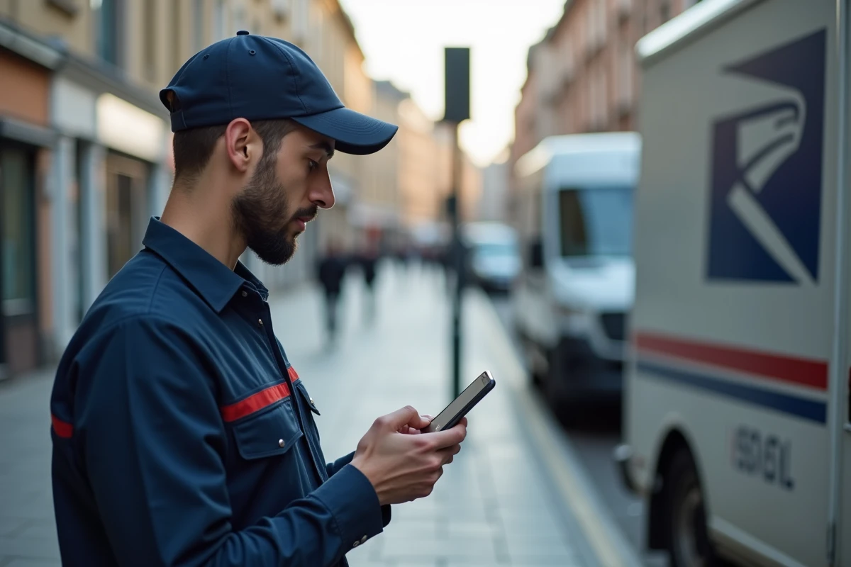 Livreur urbain vérifiant son planning avec un smartphone