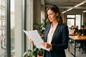 Femme professionnelle examinant des plans de bureau dans un espace de coworking moderne à Marseille