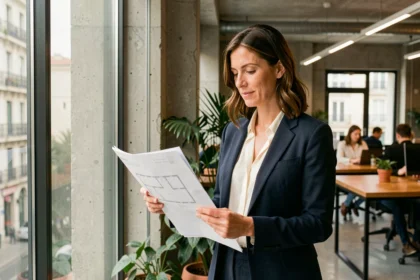 Femme professionnelle examinant des plans de bureau dans un espace de coworking moderne à Marseille