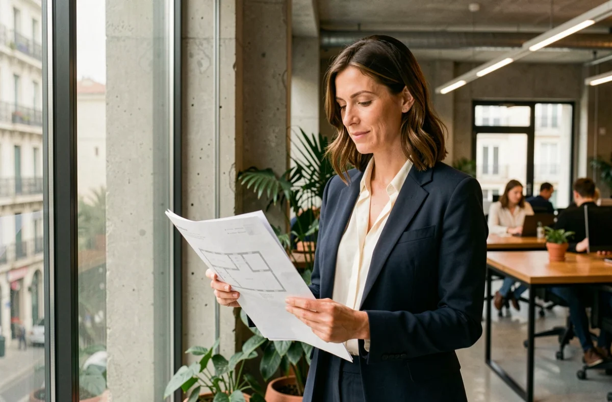 Femme professionnelle examinant des plans de bureau dans un espace de coworking moderne à Marseille