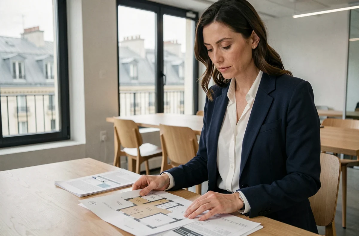 Femme d'affaires consultant des offres de location de bureaux à Paris dans un espace de travail moderne avec vue sur les toits haussmanniens