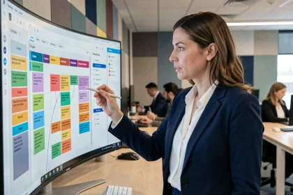 Professionnelle utilisant un logiciel de gestion de projet sur un grand écran dans un bureau moderne