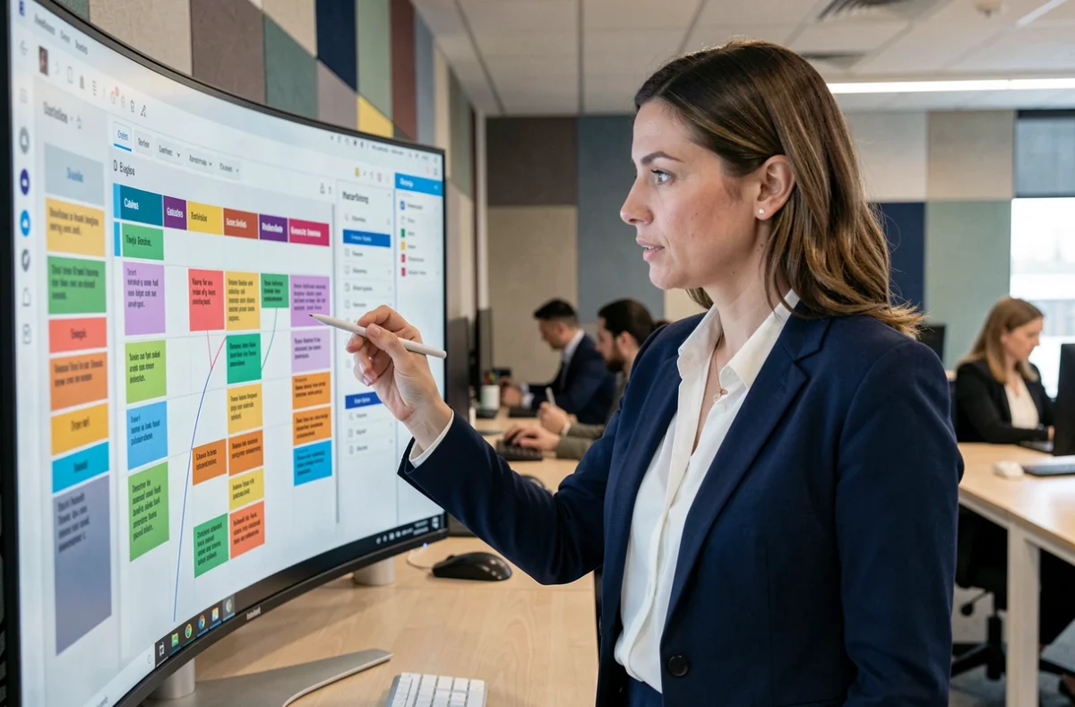 Professionnelle utilisant un logiciel de gestion de projet sur un grand écran dans un bureau moderne